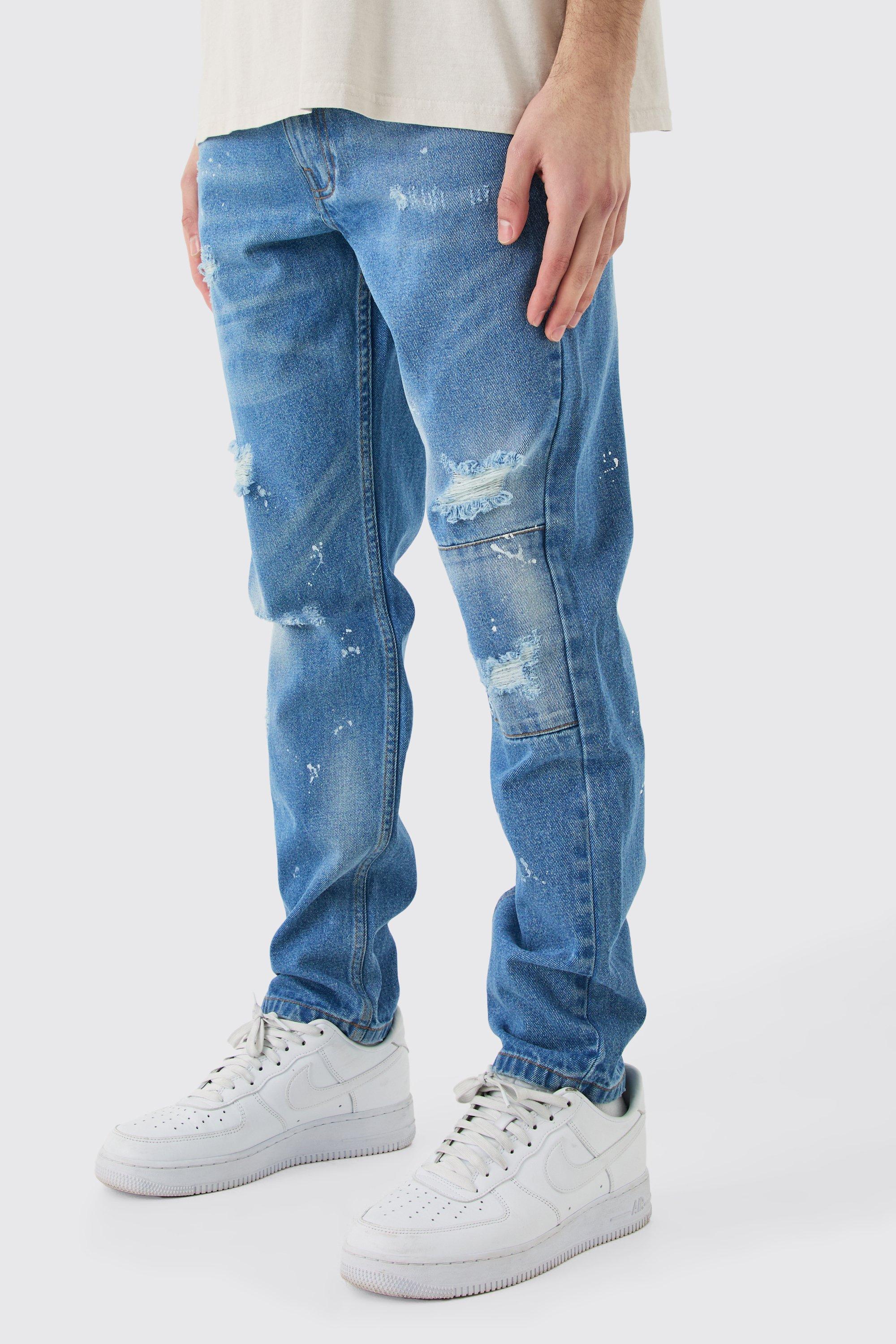 Mens Blue Slim Rigid All Over Paint Detail Knee Ripped Jeans, Blue